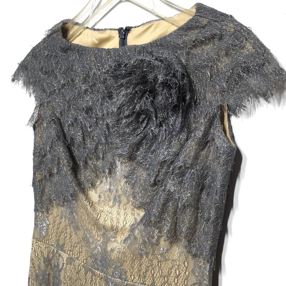 Tadashi Shoji Metallic Lace Tiered Rosette Dress 2 - Picture 6 of 14